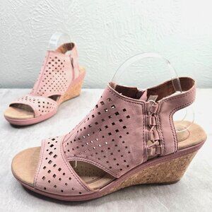 Cobb Hill Cork Wedge Sandals Pink Perforated Suede Casual Comfort Platform Sz 11